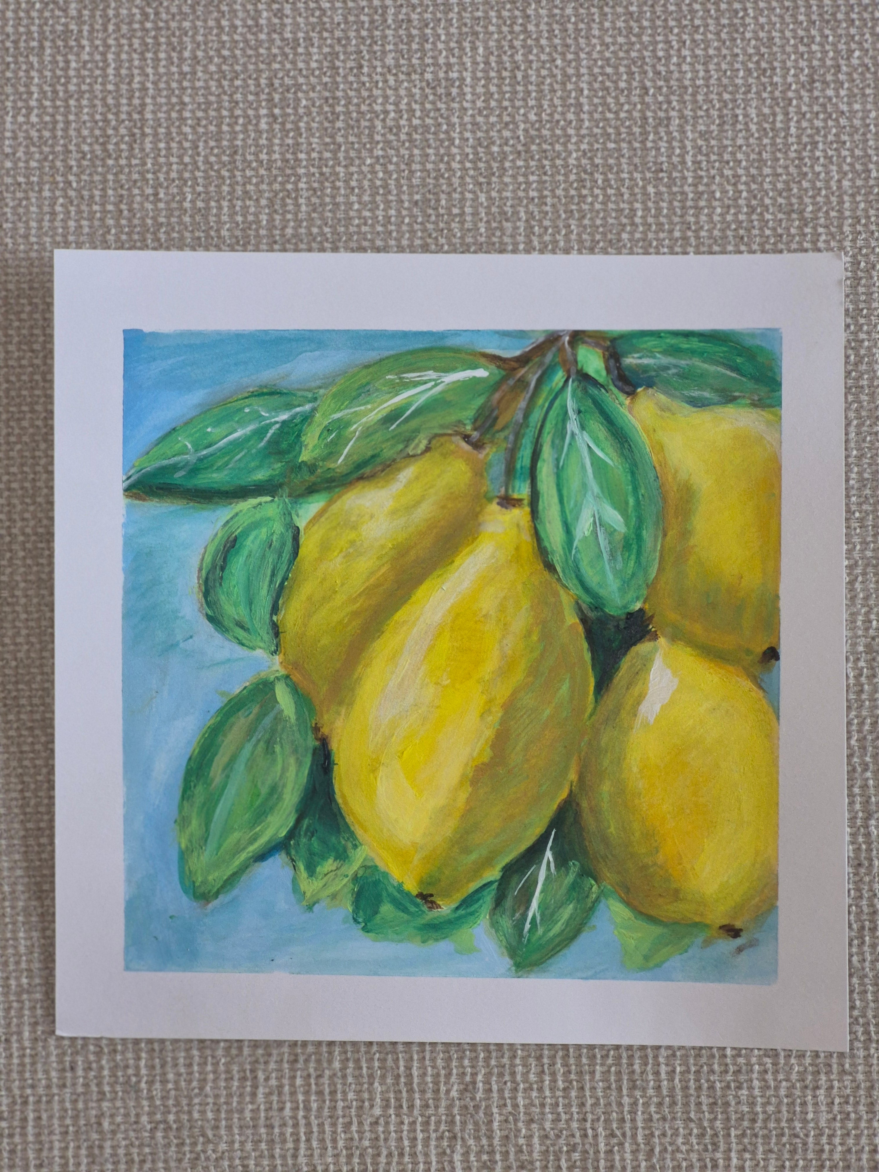 Painting of lemons on a textured fabric background